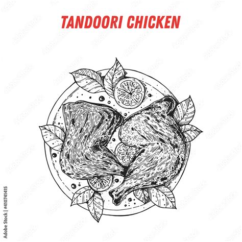 Tandoori chicken, Indian food. Hand drawn vector illustration. Sketch ...
