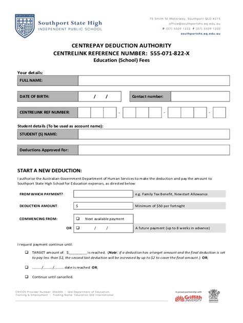 Fillable Online Southportshs Eq Edu Centrelink Deduction Form