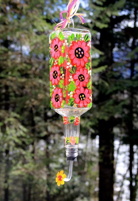 Hand Painted Pink And Red Flower Hummingbird Feeder With Etsy Humming Bird Feeders Red