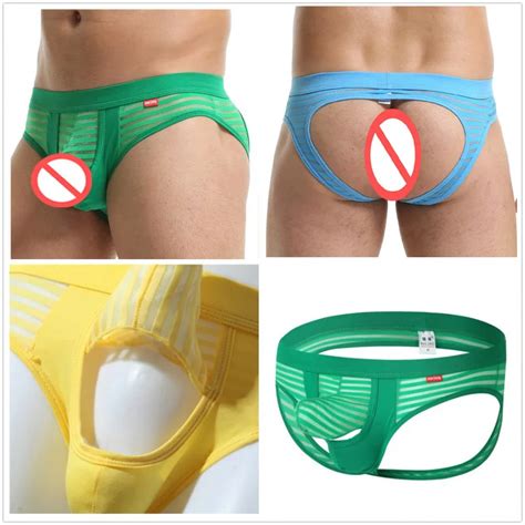 Men Briefs Back Hollow Thong Man Sexy Stripe Mesh See Through Gay Underwear Male Panties Open