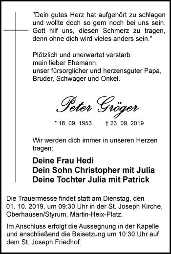 Traueranzeigen von Peter Gröger Trauer in NRW de