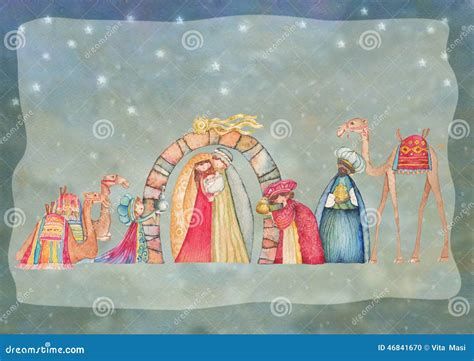 Illustration Of Christian Christmas Nativity Scene With The Three Wise Men Stock Illustration