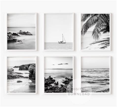 Black and White Beach Prints Set of 6 Large Coastal Set Gallery Wall ...