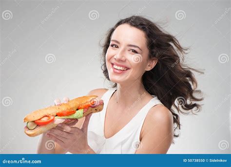 Beautiful Woman Holding Big Sandwich Stock Photo Image Of People