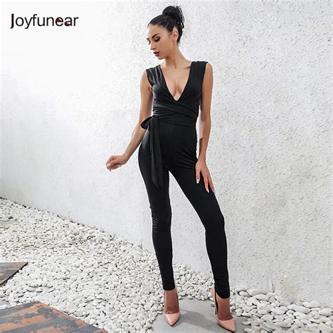 Joyfunear Women Bodysuit Rompers With Belt Clubwear Rompers Womens Jumpsuit Sexy Deep V Neck