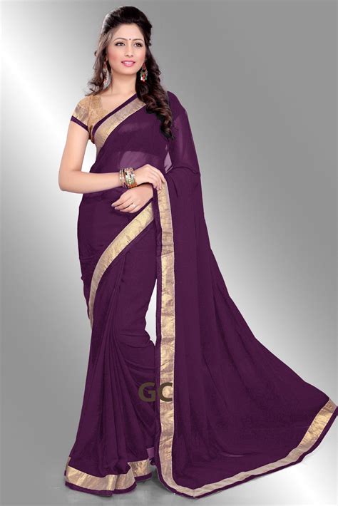 Purple Bollywood Chiffon Plain Golden Border Party Wear Saree Sari