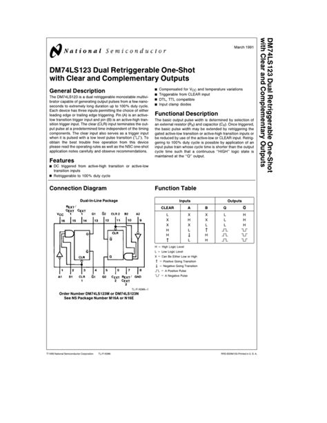 DM74LS123 Dual Retriggerable One Shot With Clear And