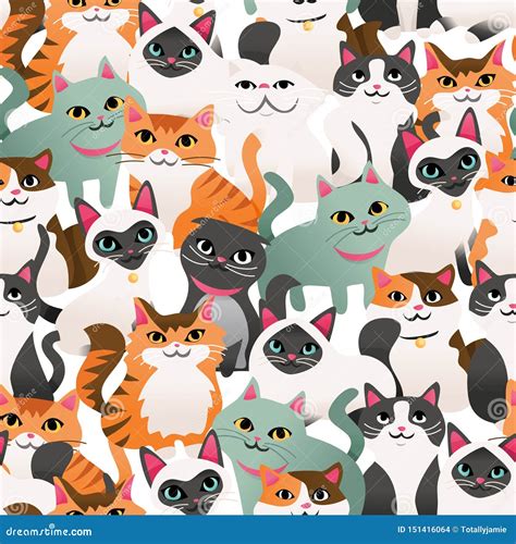 Super Cute Cartoon Cats Seamless Pattern Background Stock Illustration