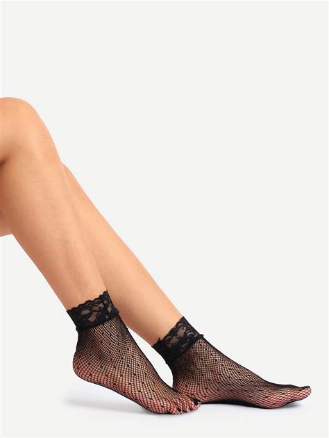 Black Hollow Mesh Lace Ankle Socks Shein Sheinside