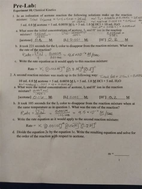 Solved Pre Lab Experiment Chemical Kineties In An Chegg