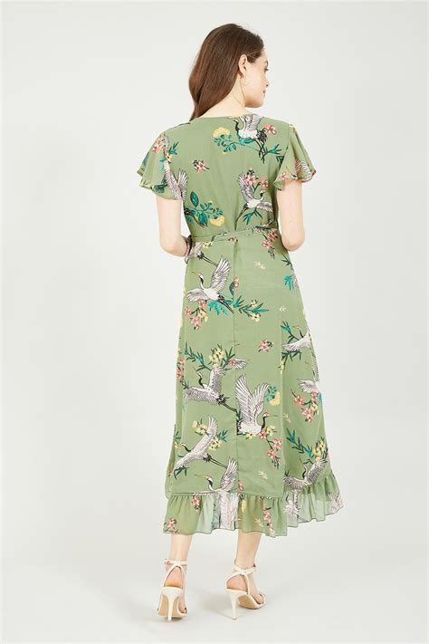 Yumi Green Frill Crane Wrap Midi Dress