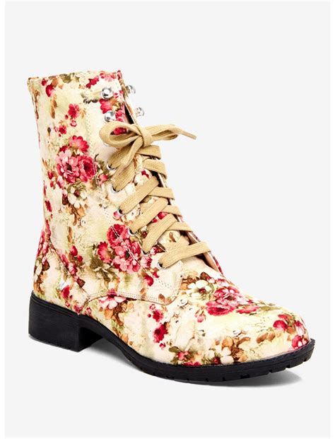 Floral Suede Combat Boots Hot Topic