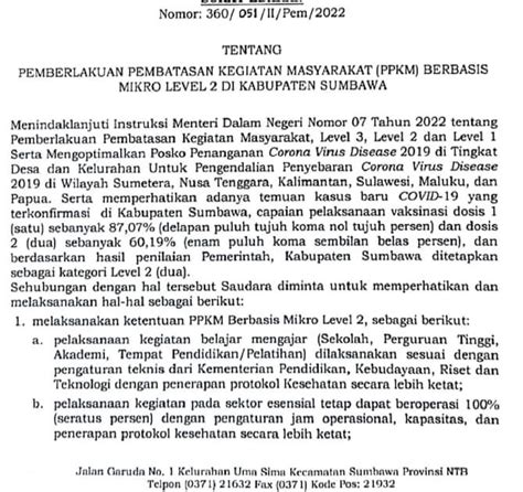 Bupati Sumbawa Kembali Terbitkan Surat Edaran Ppkm Level 2