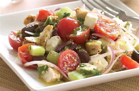 Village Style Greek Salad With Chicken And Lemon Mint Vinaigrette