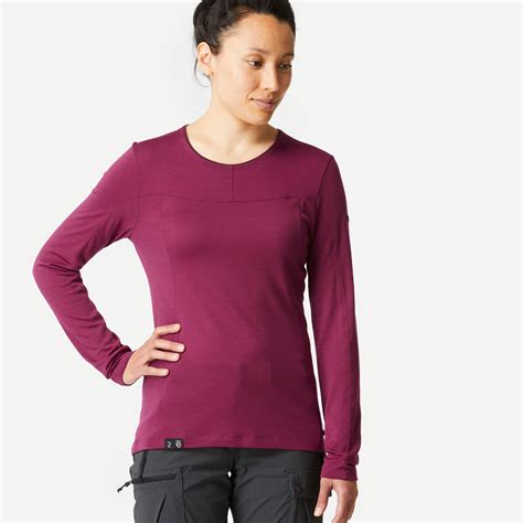 Women’s Merino Wool Hiking Shirt Mt 500 Burgundy Beetroot Bordeaux Forclaz Decathlon