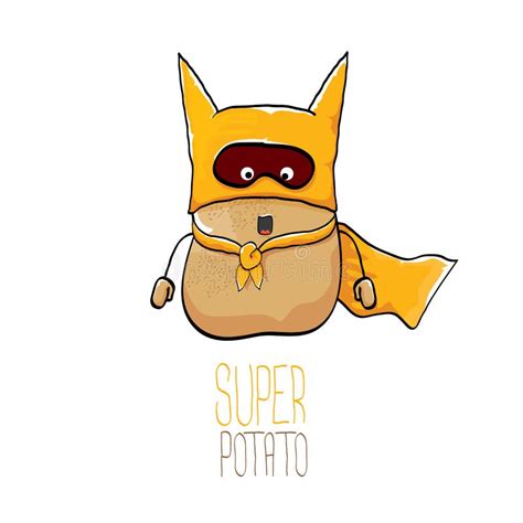 Vector Funny Cartoon Cute Brown Super Hero Potato With Orange Hero Cape