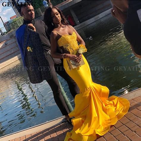 Sexy Black Girls Mermaid Yellow Prom Dresses 2019 Long Elegant Plus Size African Formal Gowns