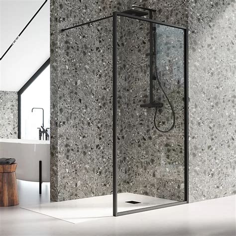 Aqualux Aq Pro Matt Black Clear Single Wet Room Glass Screen H 200cm