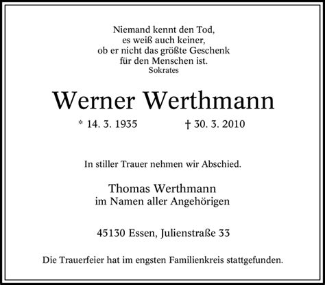 Traueranzeigen Von Werner Werthmann Trauer In NRW De