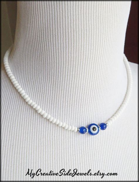 Evil Eye Choker Necklace Short Blue And White Boho Chic Etsy Blue