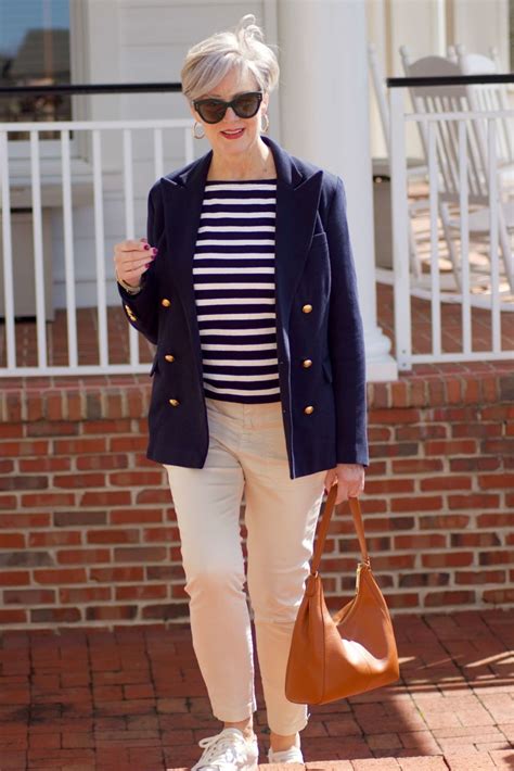 Beth From Style At A Certain Age Wears J Crew Striped Tee Chinos