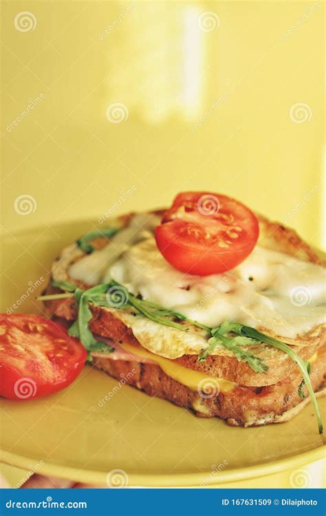 Fresh Breakfest Ham Eggs Vegetable And Toast Homemade Stock Image