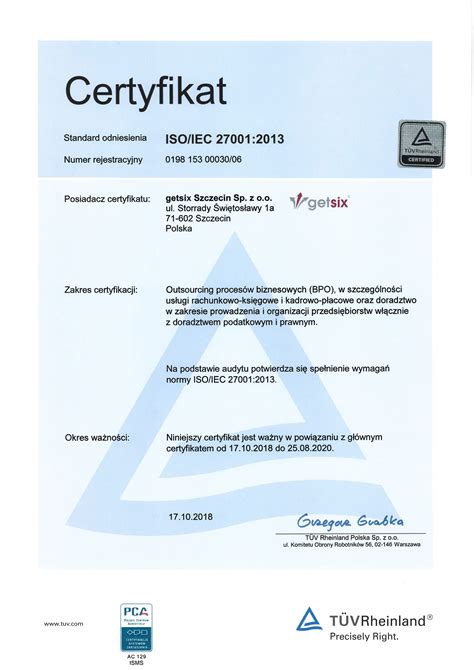 Certyfikat ISO IEC 27001 2013 Uzyskany