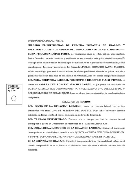 Demanda Laboral Por Despido Directo E Injustificado Que Reclama El Pago De Prestaciones