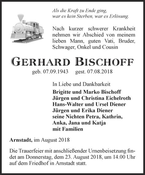 Traueranzeigen Von Gerhard Bischoff Trauer In Thueringen De