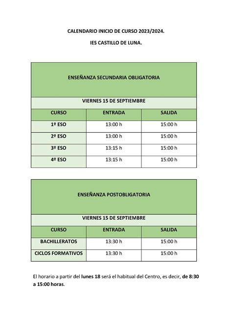 Inicio Curso Horario De Recepci N Del Alumnado Ies Castillo De