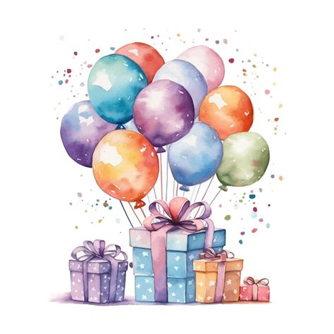 Aquarell Geburtstag Illustration Clipart Bunte Luftballons Und Konfetti