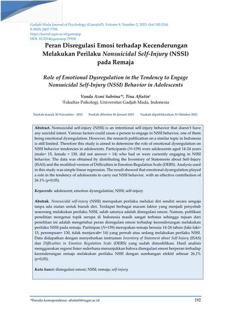 Pdf Peran Disregulasi Emosi Terhadap Kecenderungan Melakukan Perilaku Nonsuicidal Self Injury