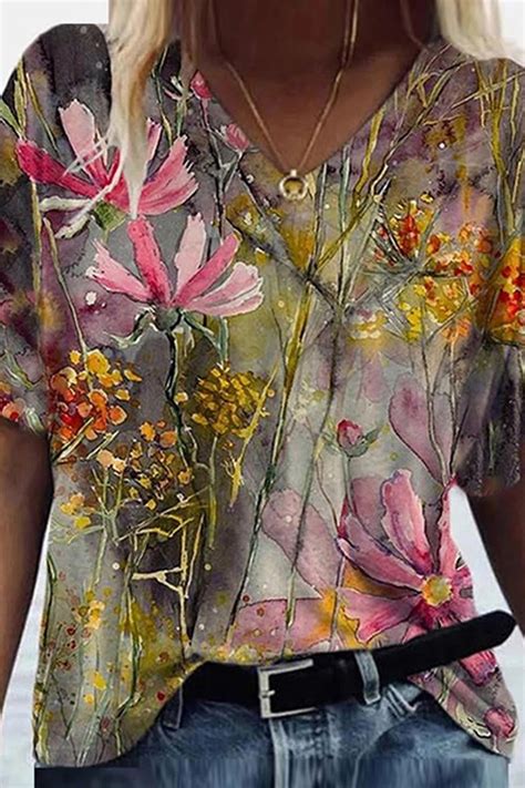 Floral Print V Neck Short Sleeves T Shirts Ivyalpha