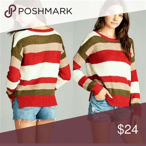 Red Olive Stripe Loosely Fit Sweater Adorable Split On The Sides