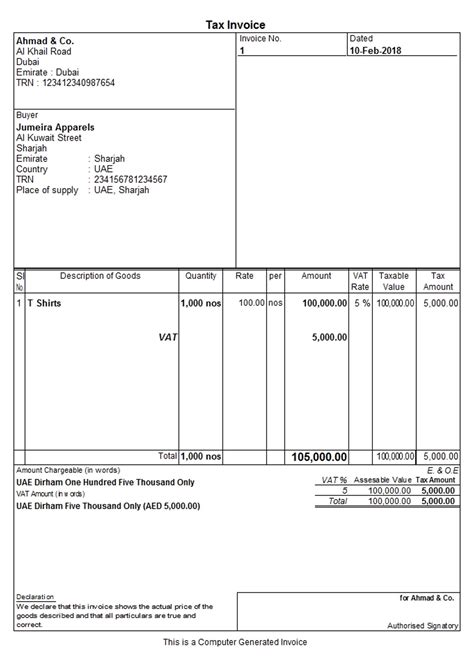 Tax Invoice To A Registered Customer Under Vat In Uae