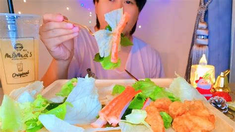 Asmr กินผักกรอบ อาหารเพื่อสุขภาพ สลัดผัก สาหร่ายวากาเมะ ปูอัดทะเล ไก่