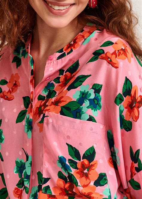 Pink Floral And Polka Dot Silk Buttoned Blouse