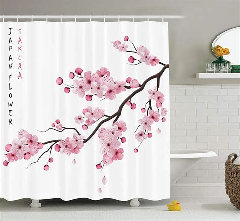 Asian Decor Shower Curtain Illustration Of Japanese Cherry Branches