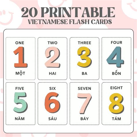 20 Printable Vietnamese Flash Cards Numbers 1 20 Flash Cards Etsy