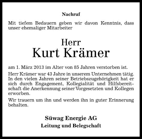 Traueranzeigen Von Kurt Kr Mer Rz Trauer De