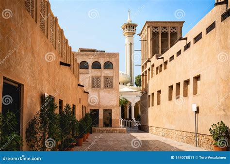 Old Dubai View With Mosque Buildings And Traditional Arabian Street