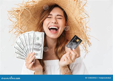 Image Of Happy Rich Woman 20s Wearing Big Straw Hat Laughing While