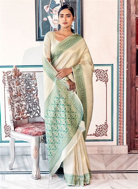 Shop Cream Art Silk Kanchipuram Handloom Saree Festive Wear Online At