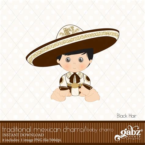 Baby Charro Black Hair Mexican Folklore Clipart Gold Glitter Aztec