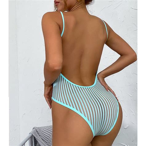 Womens High Cut One Piece Swimsuits See Through Mesh Bodysuit Backless