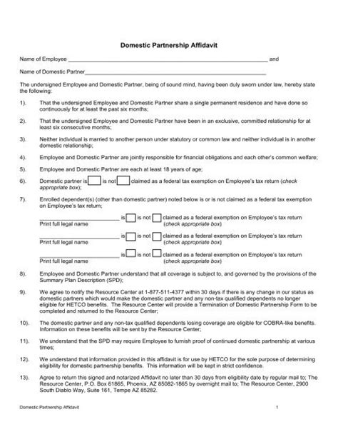 Domestic Partnership Affidavit Template Prntbl