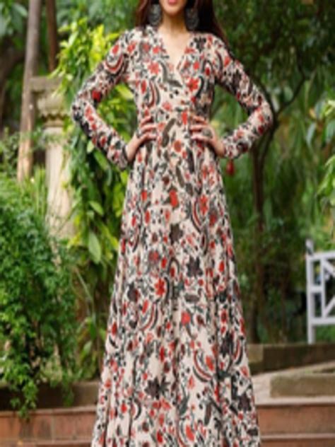 Buy Kalini Ethnic Motifs Printed V Neck Gathered Georgette Fit And Flare