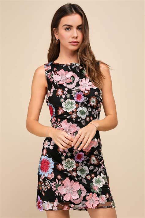 Black 3d Floral Dress Floral Embroidered Dress Mini Dress Lulus