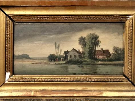 ANCIEN TABLEAU Huile Sur Bois Paysage Maison Au Bord De L Eau EUR