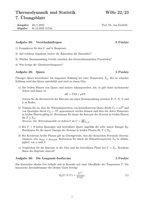 Tu S WS2223 Blatt 7 Thermodynamik Und Statik Thermodynamik Und